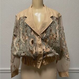Vtg Cache Light Tan  and Cream Sheer Mesh Embroidered Cut out Jacket